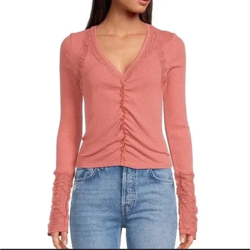 Free People Wear Me Out Ruched Long Sleeve Lace Scrunchie Knit top
